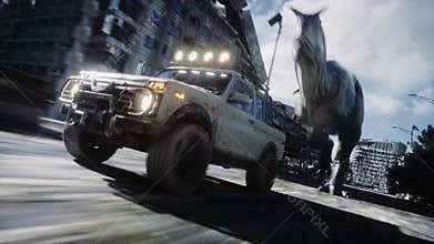 Dinosaur rex running behind the car in destroyed city. Dinosaurs apocalypse. Concept of future. Realistic 4K animation.
