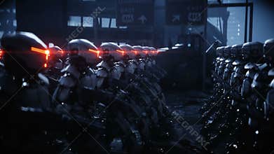 Walking military robots. invasion of military robots. Dramatic apocalypse super realistic concept. Future. 4k animation.