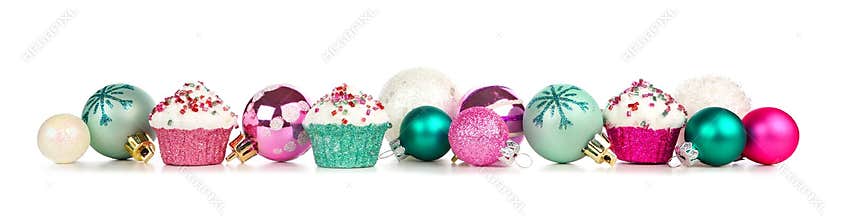 Christmas border of pastel ornaments isolated on white