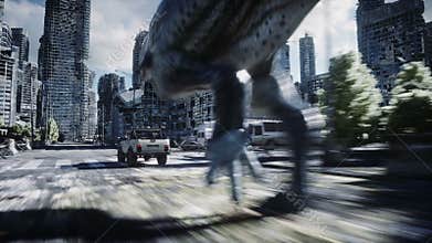 Dinosaur rex running behind the car in destroyed city. Dinosaurs apocalypse. Concept of future. Realistic 4K animation.