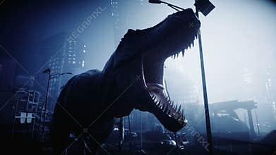 Terrible dinosaur trex in the night destroyed city. Apocalypse concept. Realistic 4K animation.