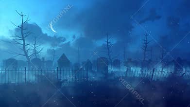 Mystic night at abandoned old spooky cemetery