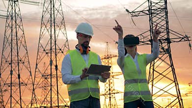 Engineer in VR glasses works at construction site, while a electrician types on a tablet.