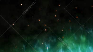 Large green magical fire with hot sparks rise in the night sky. Burning flame on an abstract background with a light