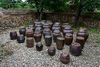 Vase of kimchi outside the house, Traditional Kimchi making in the Korea.