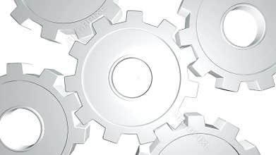 3D animation five white gears rotate . Alpha channel. Close up