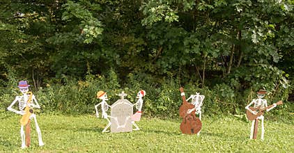 October Halloween skeleton decorations in Fall
