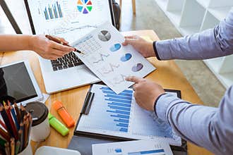 Group of coworker work together office, business casual making conversation with partner presentation project at meeting working