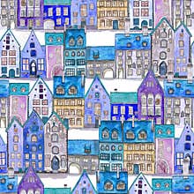 Seamless pattern of watercolor medieval houses in the night