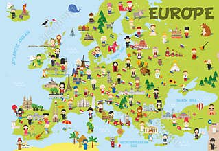 Funny cartoon map of Europe with childrens, representative monuments, animals and objects of all the countries