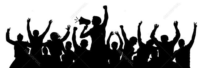 Political demonstration. Cheerful party man with speaker. Protest angry youth crowd. Riot silhouette vector