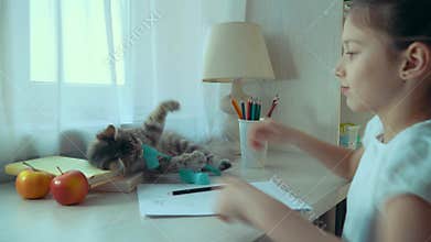 Little girl playing with her pet cat while doing homework