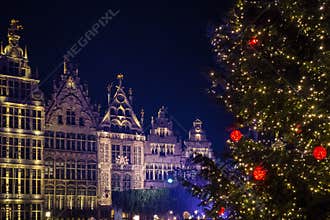 Festive lights and christmas tree on the main square of Antwerpen