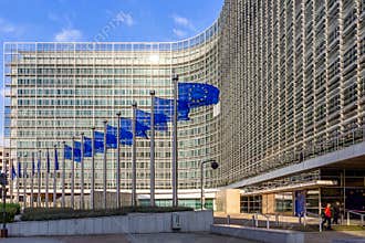 Row of EU Flags in front of the European Union Commission building in Brussels