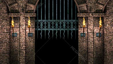 Medieval hall with iron gate 4K