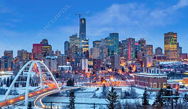Edmonton Downtown Skyline Just After Sunset in the Winter