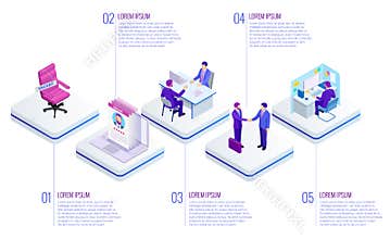 Isometric Online job search and human resource concept. Infographics of Business data visualization. Process chart. Job