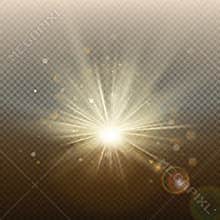 Sunset or sunrise golden glowing bright flash effect. Warm burst with rays and spotlight. Sun realistic lights template