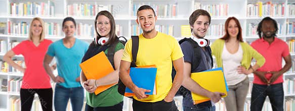 Group of students college student young people studies library learning banner education smiling happy