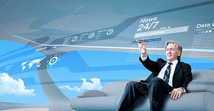 Senior businessman navigating interface in future