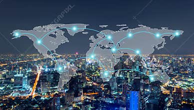 Digital network connection lines of Bangkok Downtown, Thailand with world map. Financial district and business centers in smart