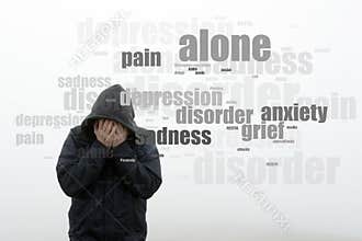 A hooded man holding his head in his hands. With a word cloud of mental health issues. On a plain white background