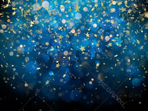 Sparkling golden magic glowing dust. Golden Christmas and New Year glittering stars on dark blue bokeh background. EPS