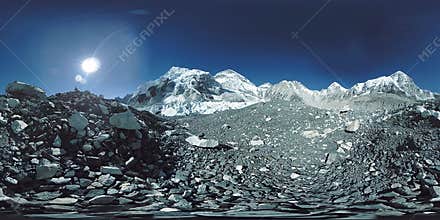 360 vr of the Everest Base camp at Khumbu glacier. Khumbu valley, Sagarmatha national park, Nepal of the Himalayas. EBC