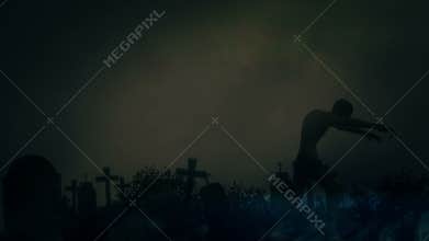 Male Zombie Walking Out Of His Grave In A Cemetery