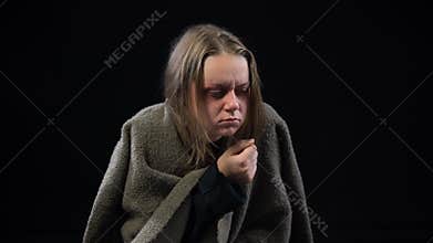 Sick homeless woman coughing hard, shaking from pain, contagious disease, TB