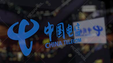 China Telecom logo on the glass against blurred business center. Editorial 3D rendering