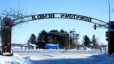 BEMIDJI, MN - 8 FEB 2019: Paul Bunyan and Babe the Blue Ox, as seen from downtown Bemidji on a clear winter day.