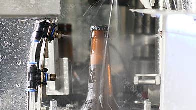 Washing of full beer bottles in conveyor. Glass bottle factory. Bottles on industrial line. Beer brown glass bottles