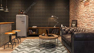 Interior of modern man living room with bar 3D rendering