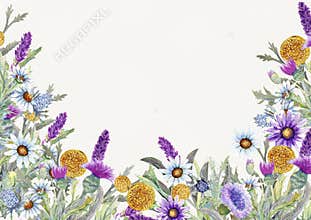Wedding round frame of wild flowers. Watercolor. Flower arrangement. Greeting card template design. Invitation