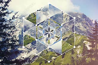 Collage with the mountain landscape and the sacred geometry symbol