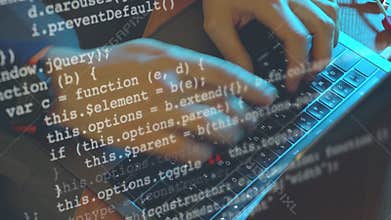 Man hacker or programmer coding on laptop