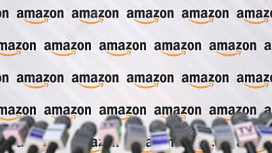 Amazon company press conference, press wall with logo and mics, conceptual editorial animation