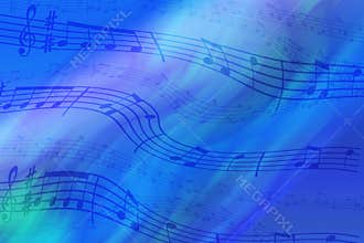 Abstract colored background on the theme of music. Background of wavy and colored stripes. Background of stylized musical notes