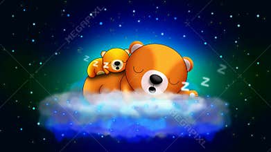 Adorable cartoon bears sleeping on a fluffy cloud, featured in a soothing looped video screen background