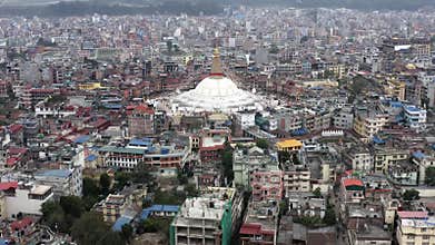 Nepal, Kathmandu. Boudhanath stupa. Aerial footage