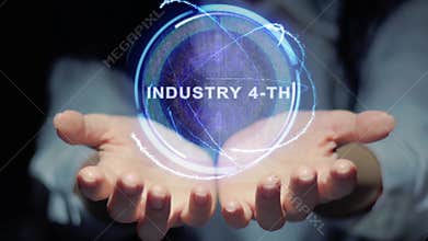 Hands show round hologram Industry 4-th