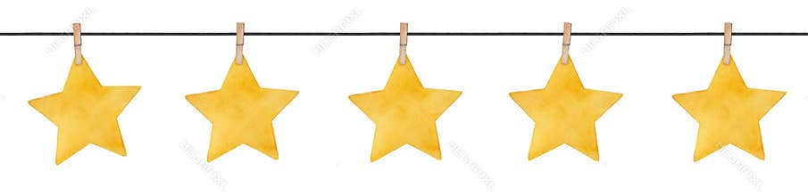 Seamless repeatable garland with cute little stars hanging on wooden clothespins.