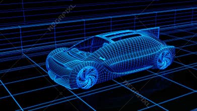Wireframe rendering of Autonomous electric car driving on highway