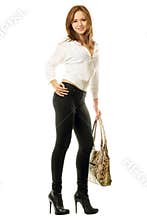 Girl in black tight jeans with a handbag