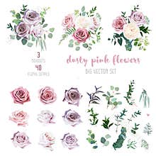 Dusty pink and mauve antique rose, lavender and pale flowers, eucalyptus