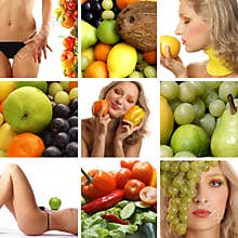 A collage of images with healthy food and women