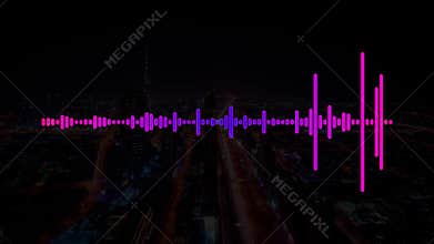 Pink and Purple Electro House Music Sound with Equalizer waves on a dark city