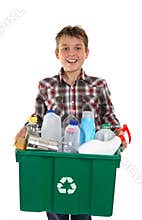 Happy boy carrying rubbish for recycling