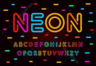 Neon letters, numbers and symbols set. Colored tube, colorul contour modern style abc, lines latin alphabet. Fonts for